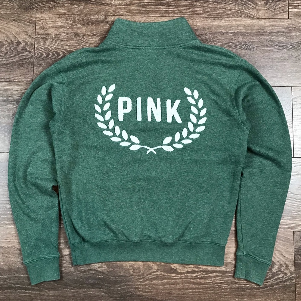 PINK Victoria’s Secret Women’s 1/4 Zip Green Mock Neck PINK Carpet Logo Sweater